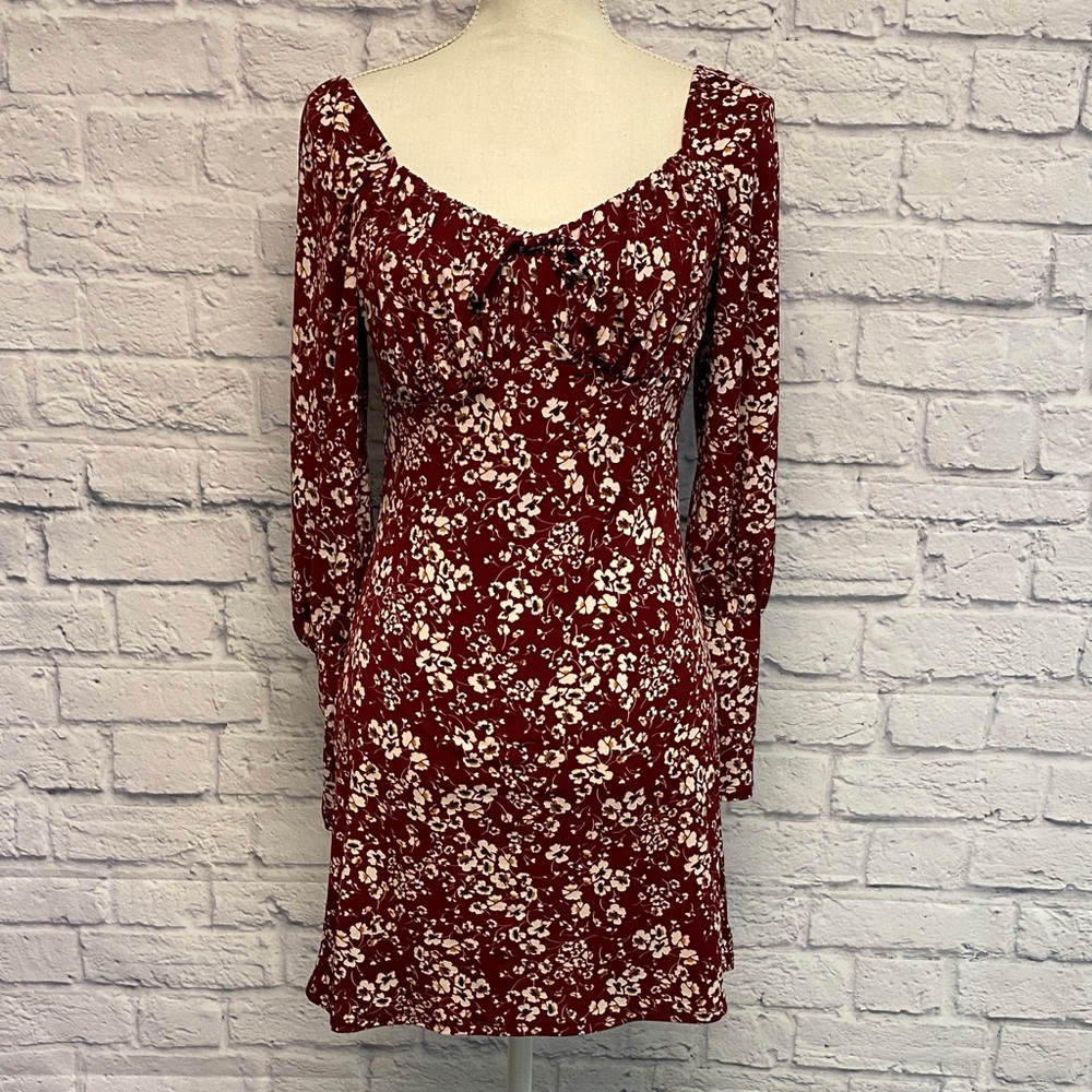 Honey and Rosie Burgundy Floral Long-Sleeve Mini Dress Size Small
